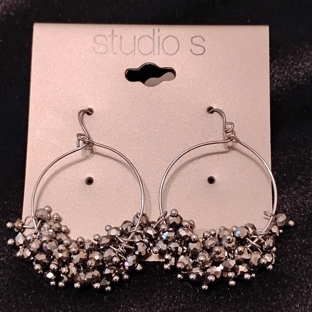 Studio S Womens Beaded Silver Hoop Earrings